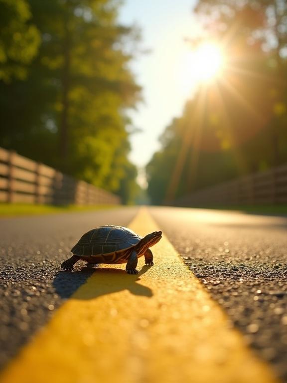 Low angle shot of a solitary turtle walking along a yellow center line of an asphalt country road. Sun-drenched scene with a bright vanishing point. Lush green trees and wooden fence along the sides. Bright sunlight creates lens flare. Cinematic and warm atmosphere.