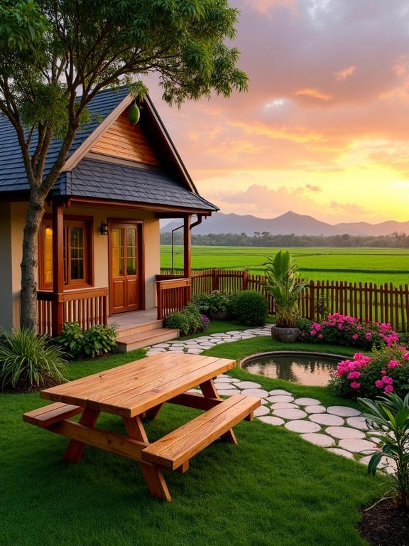 Charming garden scene in front of a small house. Rectangular wooden dining table with benches surrounded by a green lawn. Vibrant flower beds feature pink bougainvillea. Small pond with smooth stone edges nearby. Dark shingle roof on a two-story house with wooden accents. Large tree with green foliage stands to the side. Expansive green fields and mountains under a colorful sunset sky.