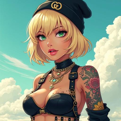 Anime character portrays a futuristic woman with emerald green eyes and light blonde bob. She wears edgy Gucci streetwear and has colorful Japanese tattoos. Featuring a cybernetic leg and looks extroverted flying in the sky.
