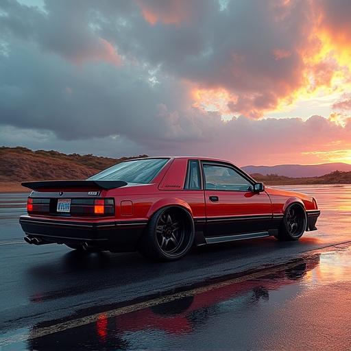 Image features a classic red Mustang with a V8 biturbo engine. The car is parked on a wet surface reflecting the sky. It's during sunset with dramatic clouds. The perspective showcases the rear and side profile of the car.