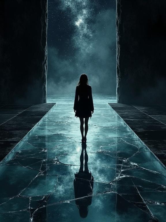 Surreal illustration features a woman silhouette on a large area of clear glass. The glass cracks under her feet, reflecting a cosmic void below. The background is black with a dark atmospheric feel. It is a minimalistic digital watercolor painting.