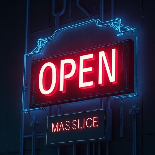 A bright neon sign displaying the word 'OPEN' along with a secondary sign reading 'MAS SLICE'. The design showcases vibrant colors and a modern look.