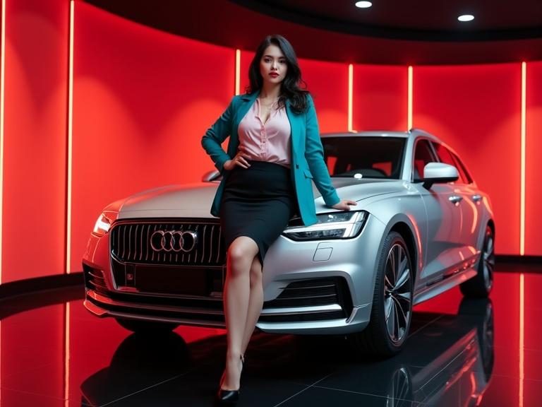 A glamorous young mid-20s Chinese car saleswoman poses confidently in a luxury car showroom. She leans back against a silver estate car with one hand on the hood and the other holding car keys. Wearing a button-up blush-pink blouse tucked into a black skirt and a turquoise blazer. Her legs are clad in sheer black pantyhose. Long wavy black hair cascading over her shoulders. Stylish atmosphere with perfect lighting highlighting the scene.
