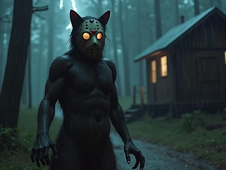 Terrifying humanoid cat hybrid with a hockey mask standing in the rain. Wooden cabin in a dark haunted forest. Creature has wet fur and long claws. Eerie posture with glowing eyes peeking from behind the mask. Lightning strikes in the background with fog around the ground. Scene lit by flickering streetlight. VHS-style video distortion gives a grainy texture. High contrast images with horror movie aesthetic.