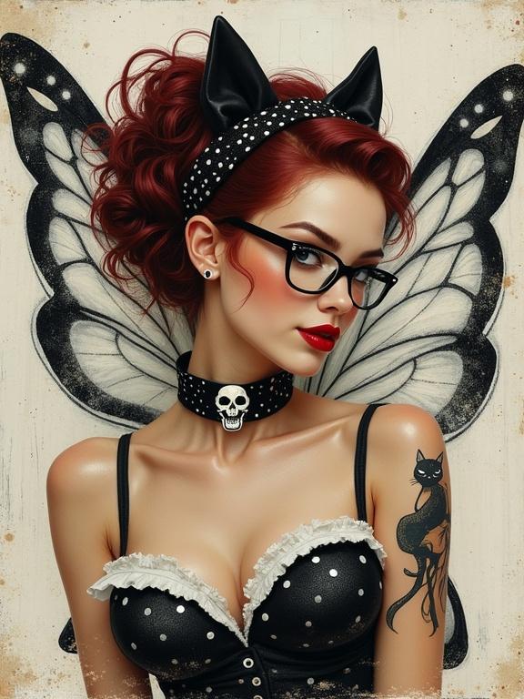 Image features a fairy in rockabilly pin-up style. Fairy has maroon hair styled in an updo with black kitten hair clips. The outfit includes a black and white pin-up dress with skull motif. The fairy has butterfly wings and wears cat-eye glasses, heavy eyeliner, bold red lipstick, and a black cat tattoo. A vintage aesthetic is showcased with intricate details.