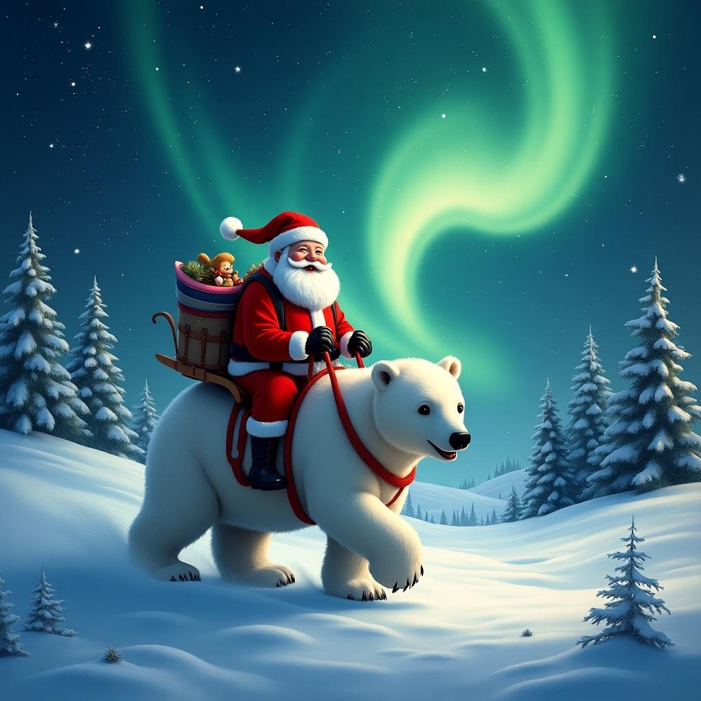 Enchanting Christmas scene. Santa rides a polar bear. Northern lights illuminate the sky. Snowy landscape surrounds them. Festive and cheerful atmosphere.