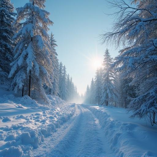 A winter landscape featuring a snowy path surrounded by tall, snow-covered trees. The sun is shining softly, creating a calm and serene atmosphere. The scene captures the essence of a peaceful winter day.