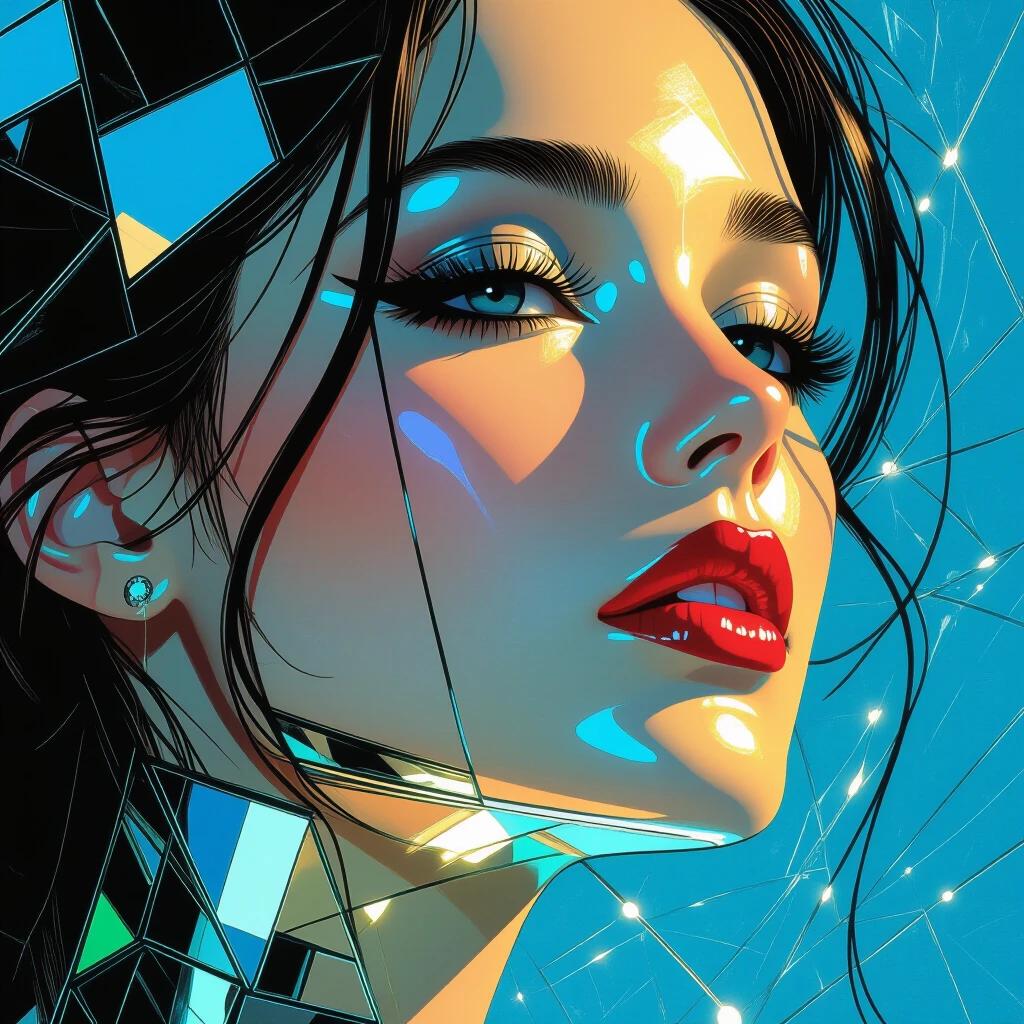 Close-up illustration of a woman made of mirrors. She has a glossy and shiny appearance with chromatic aberration. The lighting is ethereal and highly detailed. The style is inspired by artists Gerald Brom and Charlie Bowater.