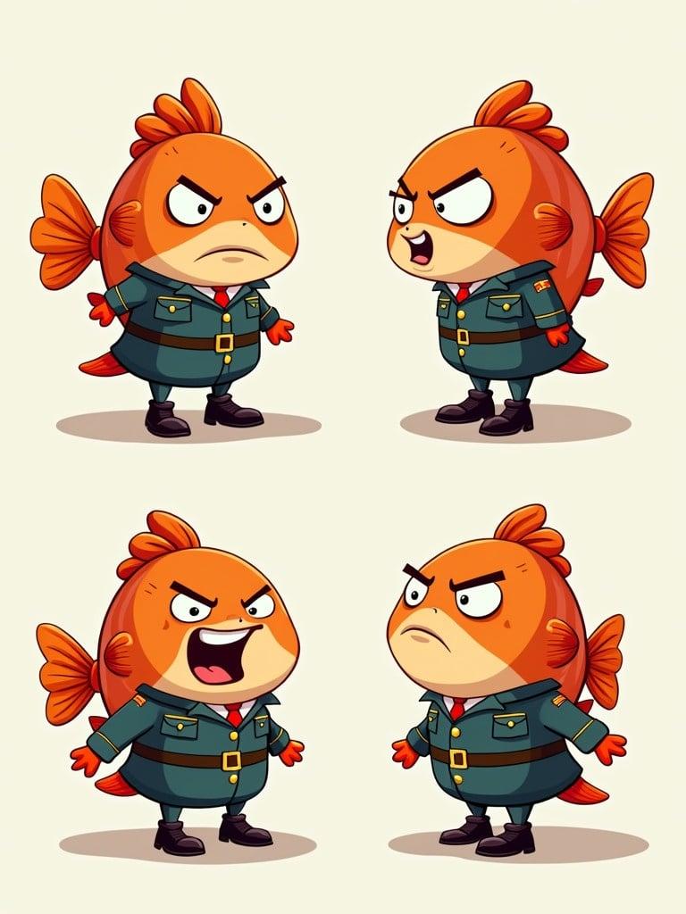 Cartoon fish character wearing army uniform. Multiple angles showcase grumpy expressions with distinct colors. Fish has orange body with green uniform. Eyes show irritation. Suitable for children's content or animation.