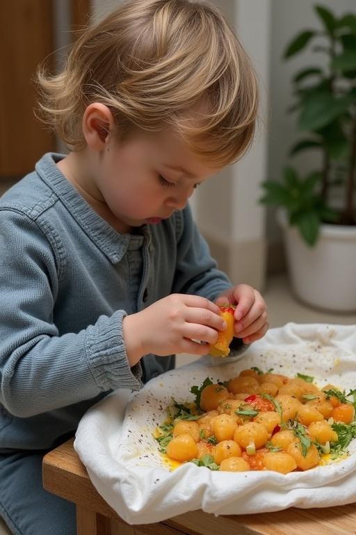 Child sitting focused on food preparation. Table with colorful food ingredients. Natural light creates warm atmosphere. Child is young and attentive. Soft colors in the background.
