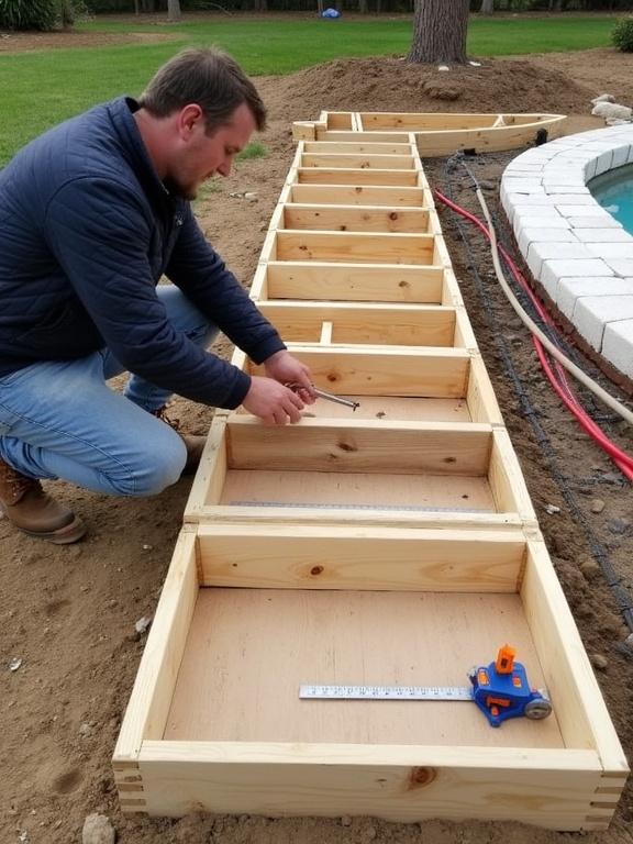 A man is working outdoors on a wooden frame structure. He kneels and uses a tool on horizontal wooden planks. He wears a navy quilted jacket, light blue jeans, and tan work boots. The wood is natural, light tan with visible grain. The structure is aligned in a straight line resembling garden steps or a subframe for a deck. A spirit level and a metallic ruler are visible. The background features green grass, freshly dug soil, and an in-ground swimming pool nearby. Red hoses are coiled near a tree.