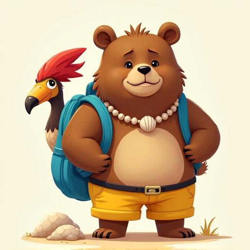 Easy-going brown honey bear. Trouble-making female red-crested Hoatzin in a blue backpack. Bear wears yellow shorts with black belt and seashell necklace.
