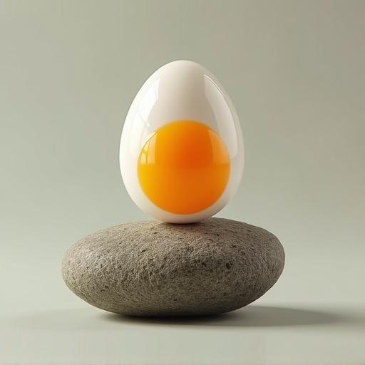 Egg with a yellow yolk placed on a gray rock. Soft background creates an artistic focus on the arrangement.