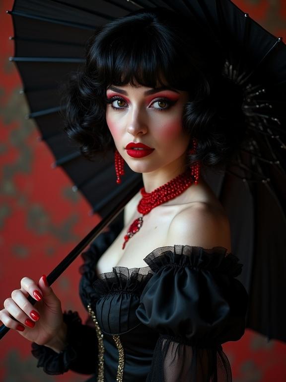 Portrait of a woman with dark curly hair and bangs. She wears red jewelry. Her makeup includes red eyeshadow, red lips, and red nails. Skin appears pale. Dress features a black bustle gown and corset top. She holds a black parasol. The background is softly lit. The style combines realism with synthetic monotype elements.