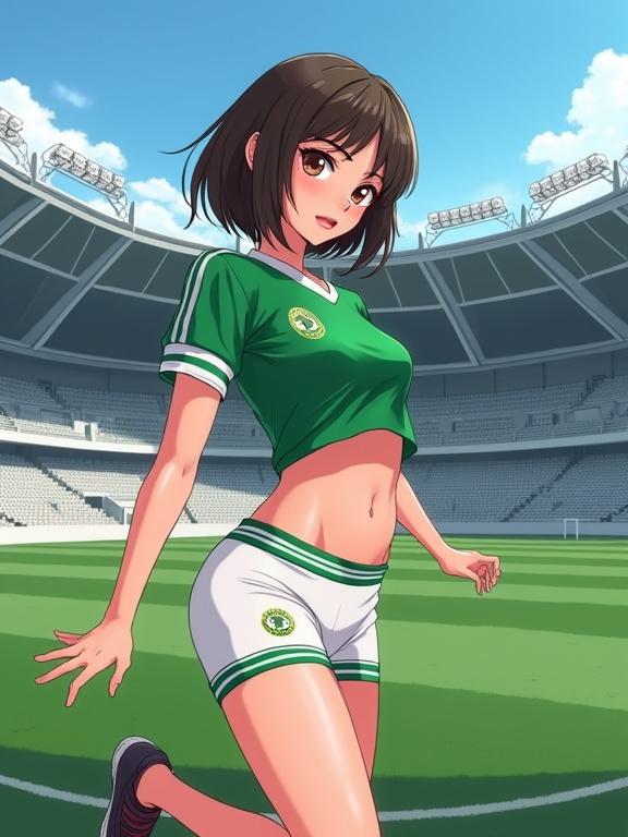 Digital anime illustration of a young female character in a green soccer jersey and white shorts. She has a bob haircut and brown eyes. The character poses flirtatiously in a stadium with empty seats and green grass. Focus on the character's curves and the stadium's details.