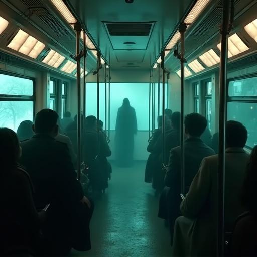 Interior of a metro bus in Pakistan. People seated with serious expressions. A ghostly figure appears at the end of the aisle. Atmosphere is spooky and unsettling.