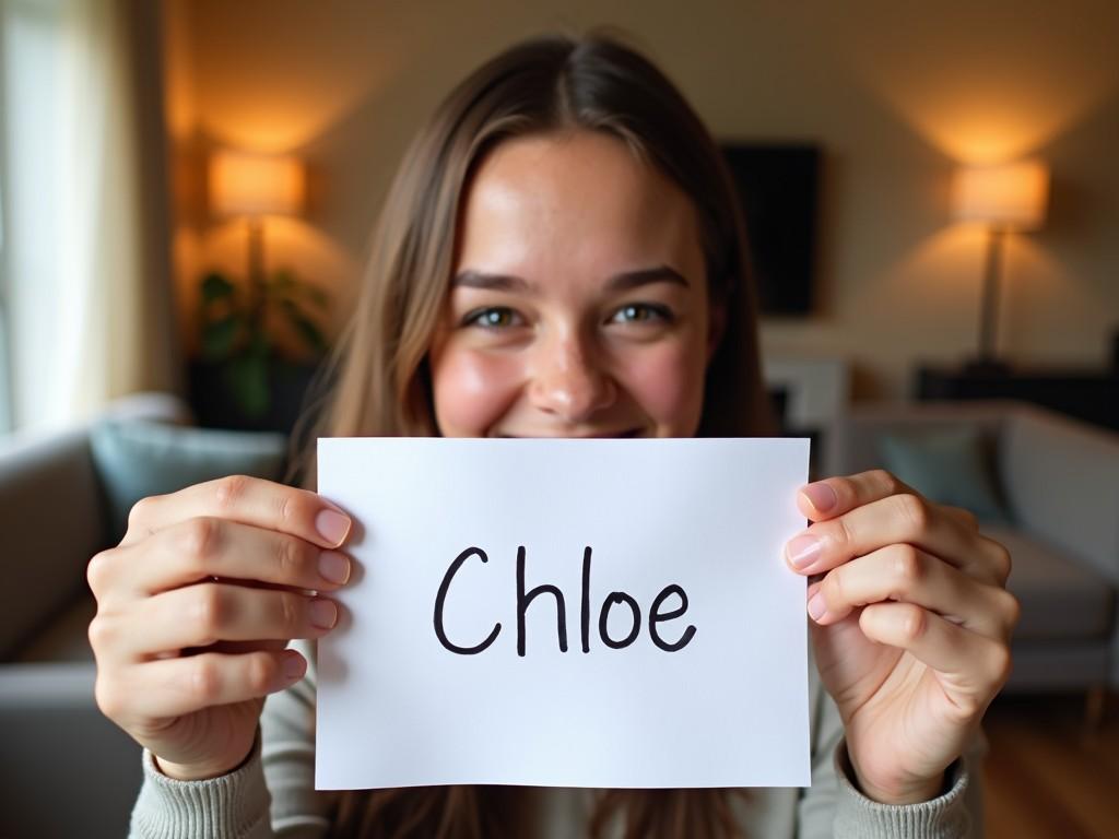 A young woman is sitting in her cozy living room, holding up a white piece of paper with the name 'Chloe' written in bold black letters. She is smiling joyfully, and her eyes reflect a sense of happiness and curiosity. The soft lighting from the lamps in the background creates a warm atmosphere. The living room is stylishly decorated, making it a comfortable and inviting space. This image captures a moment of personal expression and identity.