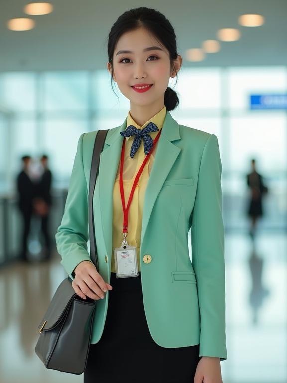 Photorealistic image of female airport ground staff in uniform. She wears a mint-green blazer over a pastel-yellow blouse. Outfit includes a black pencil skirt and pantyhose. A dark-grey satchel is slung over her shoulder. Hair styled in a bun with light makeup and a red lip smile. A name tag on blazer and red lanyard holding ID. Dark-blue gingham scarf tied around the neck. Background features airport terminal.