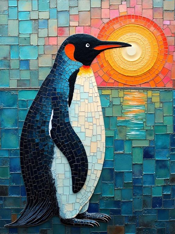 Mosaic artwork featuring a penguin and a sunset. The penguin is made with assorted square tiles. The sunset is formed with square patterns. Colorful blues, greens, blacks, and hints of orange and pink are visible. Abstract and surreal style. Mixed media techniques used.