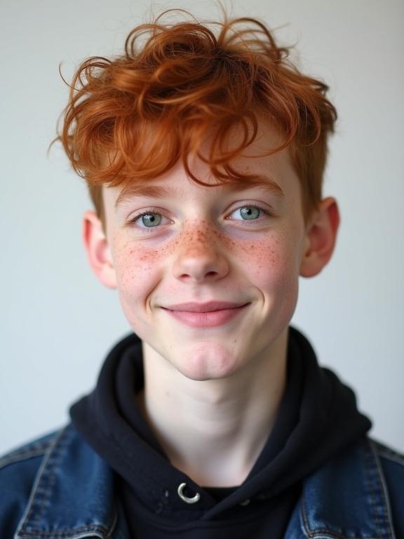 Portrait of a 15-year-old boy with short red hair styled in a messy look. He has freckles and is wearing a dark blue or black outfit. The background is light gray or white. His facial features include high cheekbones and a small nose. The boy has blue eyes and a bright smile, giving off a youthful aura.