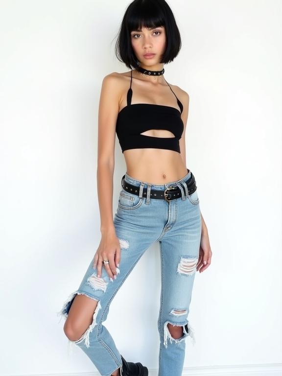 A young woman with a pale complexion wears a black crop top with a cutout. She has a short black bob haircut. She poses against a white background. The outfit features ripped jeans and ankle boots. She accessorizes with a leather choker and a chunky belt. The style is modern and casual. The lighting is bright and even.