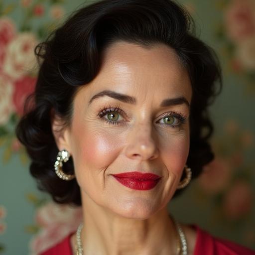 Portrait of a beautiful 45-year-old housewife. She has a chubby round face and visible face wrinkles. Hair styled in a classic 1950s fashion. Slight smile without showing teeth. Captivating green eyes. Wears diamond earrings and has big red lips. Floral wallpaper provides a charming background. Image is taken from a slight side view.