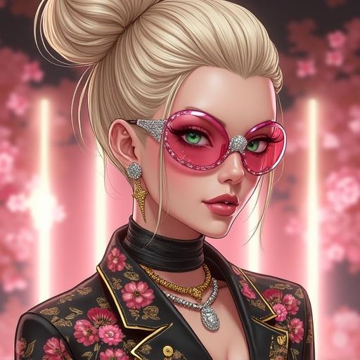 Anime character with a beautiful face and emerald green eyes wearing pink diamond sunglasses. Features an elegant light blonde French bun. Dressed in an edgy modern hip hop shirt and shiny short shorts. Inside a luxurious Chanel store with colorful cherry blossoms in the background. Cybernetic right leg and beautiful tattoos. Looks like a famous A-list celebrity.
