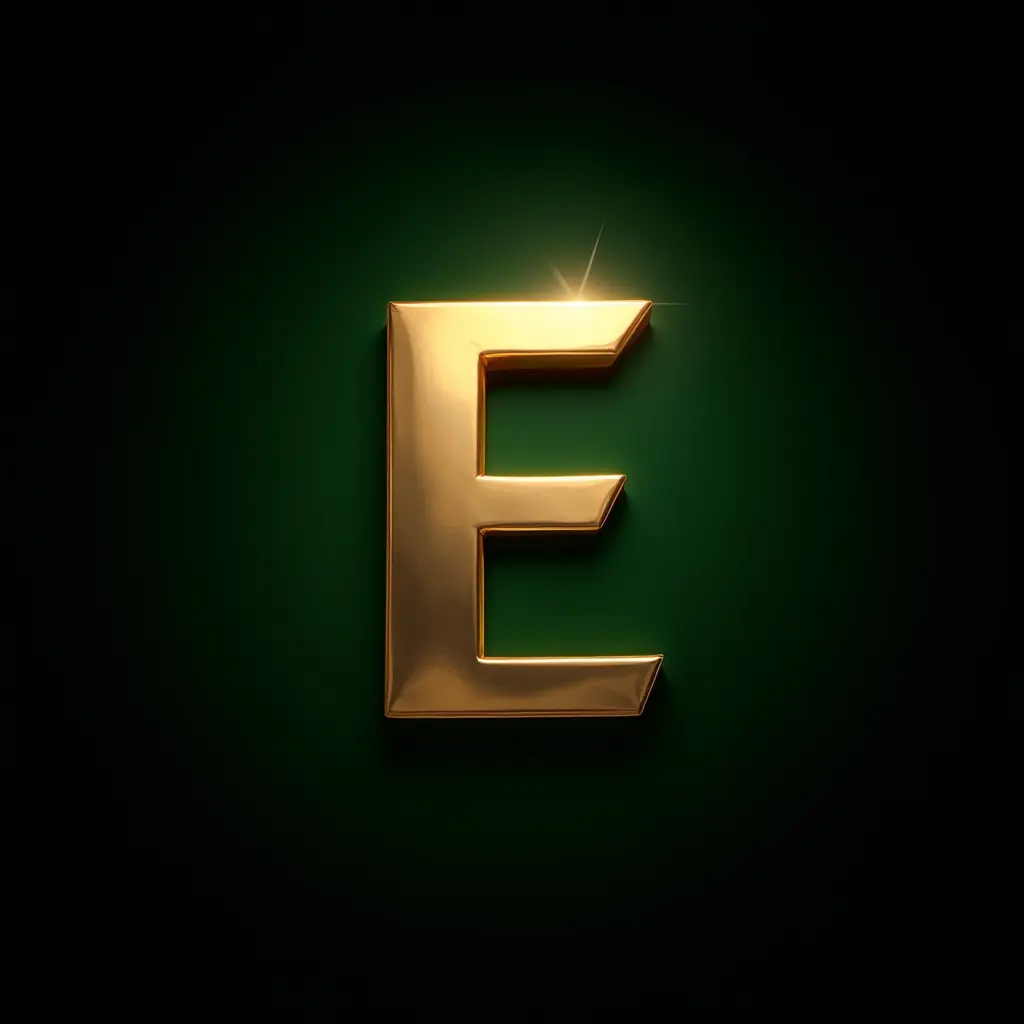 A golden letter 'E' with a shiny surface on a gradient dark green background, with a star-like gleam highlighting its top right corner.