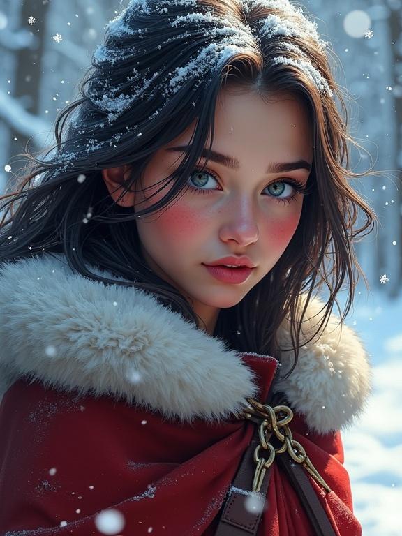 Digital comic book illustration showing a young woman with rosy cheeks and snow-dusted hair in a fur-lined cloak. She gazes at the viewer with sparkling eyes. The scene is filled with falling snowflakes and has a cinematic composition with high contrast and dramatic lighting.