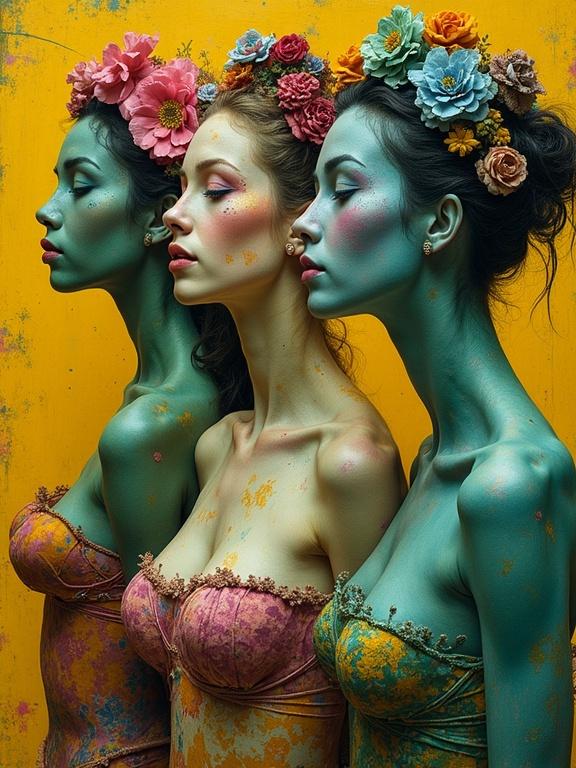 A surreal and whimsical portrait featuring three exquisite, legendary gypsies. Shades of green, magenta, yellow, and blue fill the scene. Each model shows intricate details with hyper-realistic features. The background contrasts with yellow ochre and burnt sienna tones.