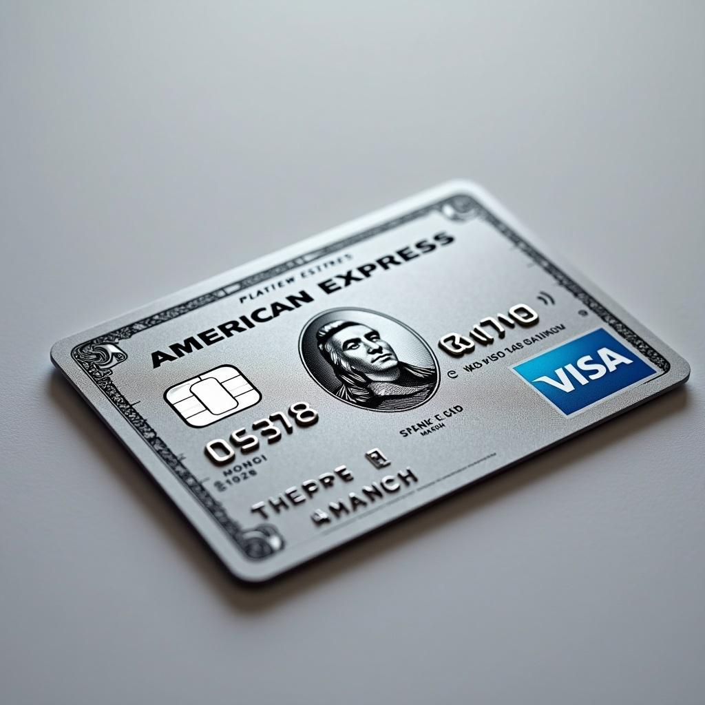 Realistic image of a platinum American Express credit card. Visa logo displayed prominently. Distinct details are visible. Cardholder name is Stanley Cook. Expiry date shows March 2028. Silver background with bold black font conveys modern elegance.