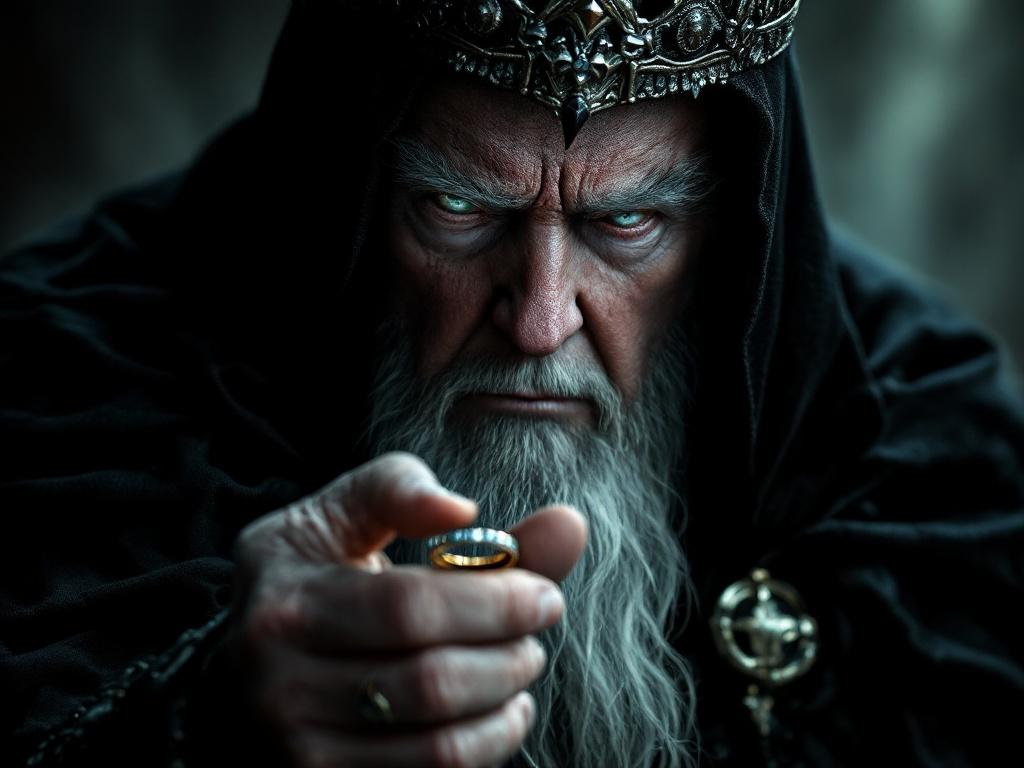 A dark fantasy character with a crown pointing at a golden ring. The character has white hair and a beard. The background is dimly lit to enhance the mysterious atmosphere.