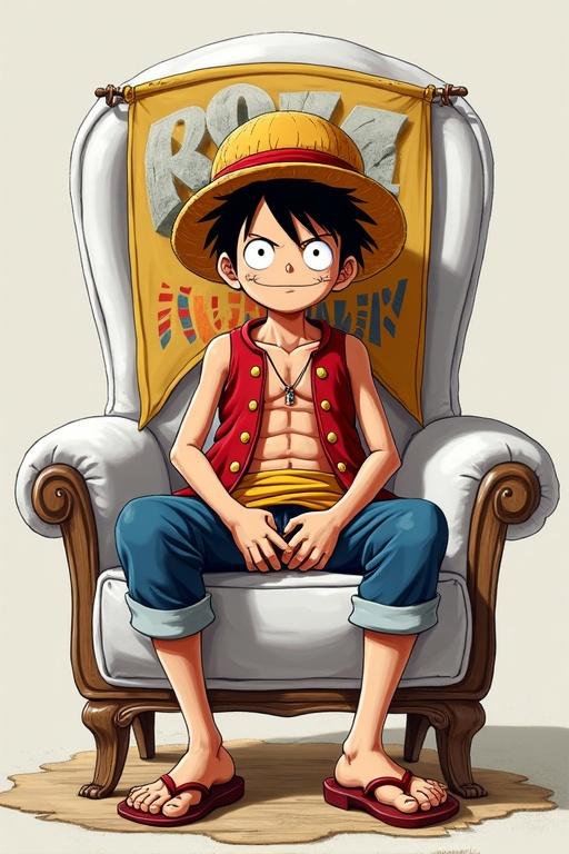 Monkey D. Luffy sitting on a white chair. Luffy's hat has a sign with his name. A banner saying Royal Vanguard is in the background.