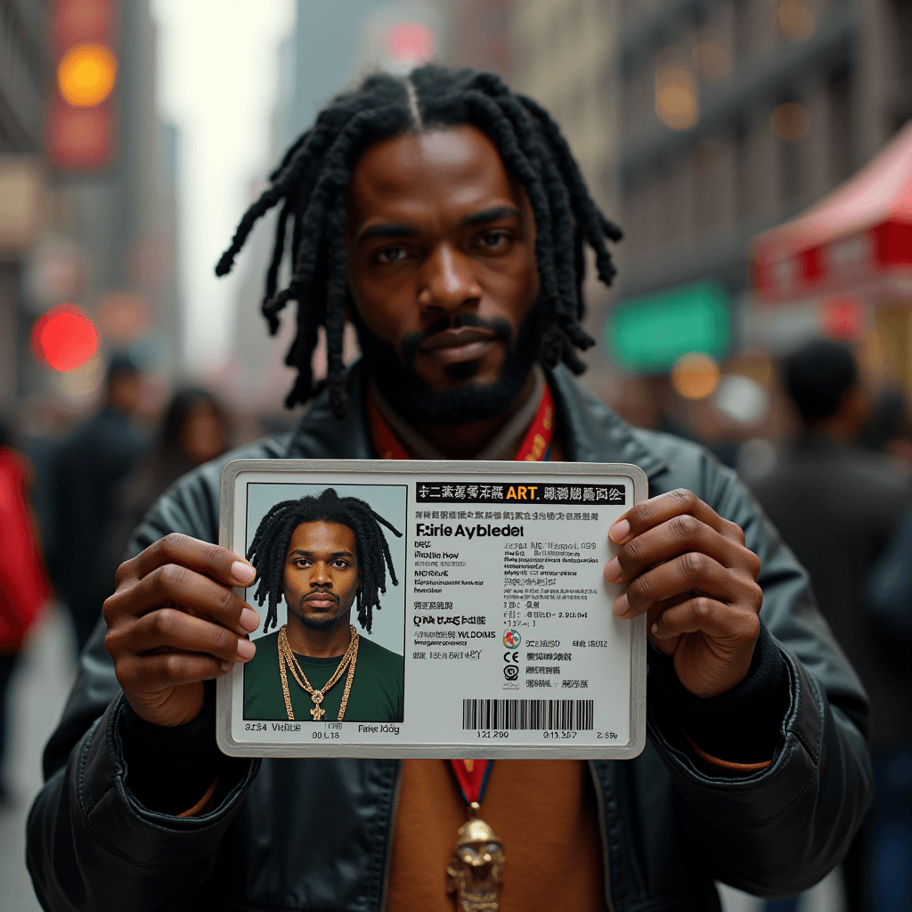 A person holds up a detailed identification card in a bustling urban setting.