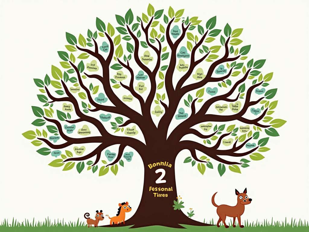 This is a colorful illustration of a family tree with branches and leaves, each bearing a name. The tree is vibrant with shades of green and brown, portraying a rich, stylized design. Below the tree are cartoon animals, adding a playful and whimsical touch, suggesting a family-friendly and warm environment.