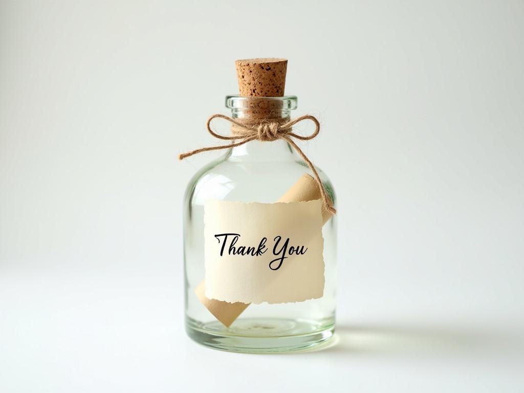 A clear glass bottle featuring a cork stopper, with a rolled-up piece of parchment paper inside. The parchment is tied with a piece of twine, presenting a rustic and charming appearance. The paper contains the handwritten words "THANK YOU!" in elegant cursive. The bottle is positioned on a clean, white surface, emphasizing its simplicity and the message within. Light reflects gently off the glass, enhancing its clarity and charm. This composition conveys a sense of gratitude and thoughtfulness.