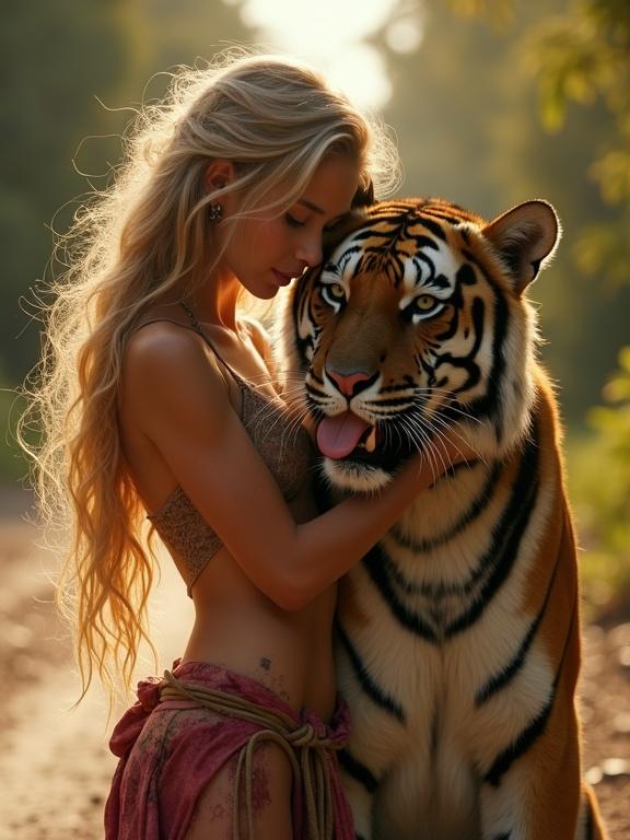 hyperrealistic photo of a beautiful young blonde girl with long hair hugs a big friendly tiger. girl has a wounded shoulder and the tiger is licking her shoulder. warm cinematic lighting creates an emotional atmosphere.