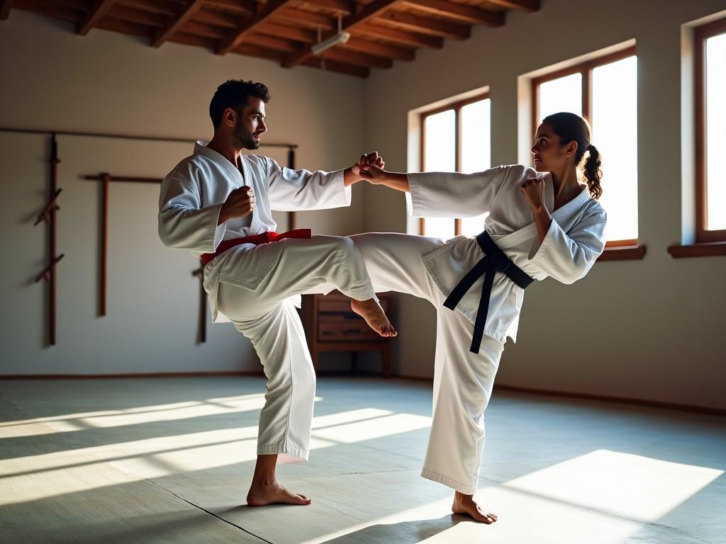 The image depicts a martial arts training session inside a dojo. Two practitioners are engaged in a dynamic exchange, showcasing their skills. One individual, wearing a black belt, executes a high kick, while the other, in a white belt, defends against the blow. The natural light streaming through the windows adds to the atmosphere of focus and determination. Wooden training equipment can be seen in the background, emphasizing the traditional setting.