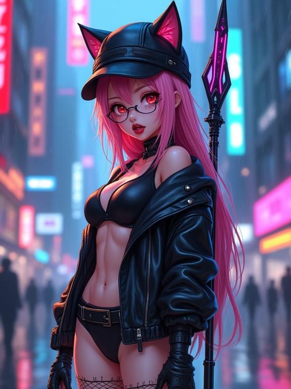 A female warrior with pink hair wearing a winter hat with cat ears. She has a leather jacket and cyberpunk shorts, showing details like fishnet stockings and boots. Background features a blurry futuristic cityscape with neon signs. The mood is rainy with reflections on the ground, and the character has a flirty expression sticking her tongue out. She has cybernetic tattoos and a glowing glaive on her back. The design aims for ultra realism with mature features, yet retains a cute demeanor.