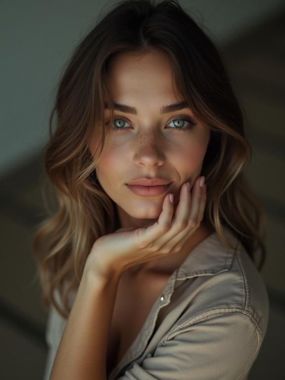 A woman with soft waves and stunning green eyes looking slightly off camera. She rests her chin on her hand with a serene expression. The background is softly blurred.