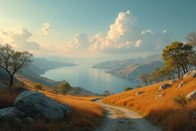 Lush green valley in a mountain landscape Sunny day with some clouds Majestic mountains surround the valley Vibrant wildflowers and a winding path leading to a tranquil lake