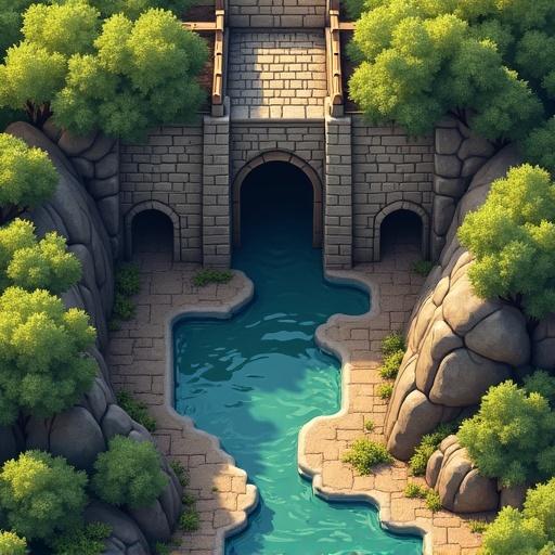 A fantasy basement map for a location named Suin Bridge Keep. The image features a stone bridge leading into a serene waterway surrounded by lush greenery and rocky outcrops.