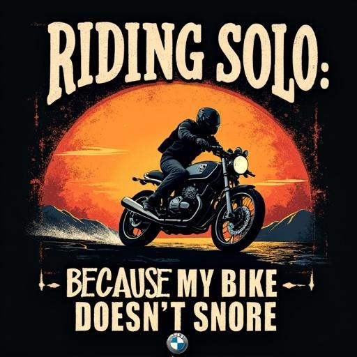 Design vintage style t-shirt with BMW motorcycle illustration. Text reads 'RIDING SOLO: BECAUSE MY BIKE DOESN’T SNORE' on distressed black background. Include motorcycle and sunset.