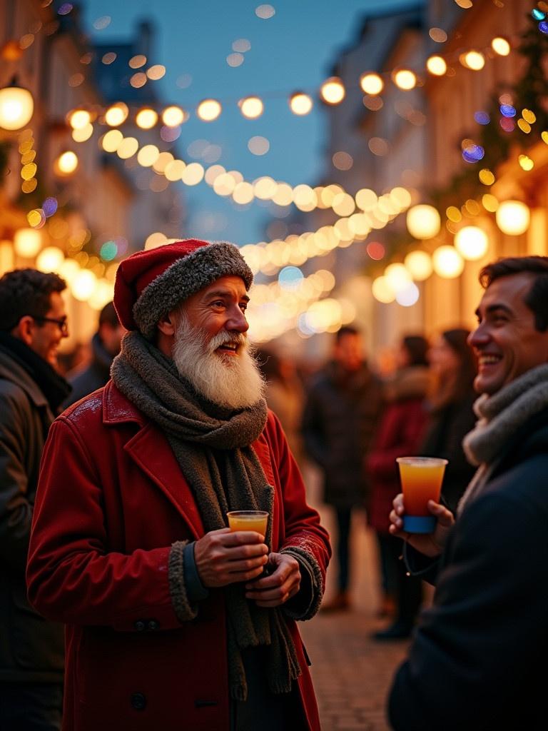 Lively Christmas celebration in cozy atmosphere. Vibrant lights adorn the street. Glowing lanterns create magical ambiance. Joyful people engage in conversations. Man with white beard holds a drink. Warm lighting enhances inviting feel of celebration. Delightful winter scene.