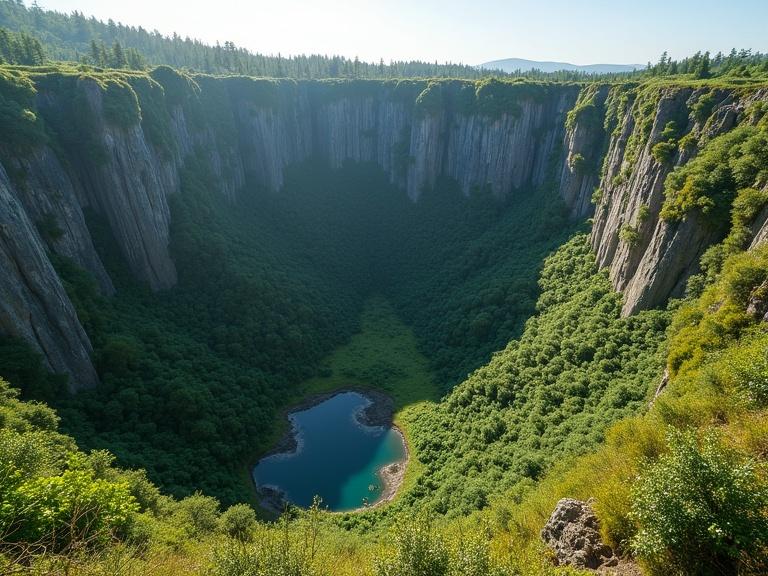 Ancient volcano covered in lush greenery with a water-filled crater. Steep rocky slopes overgrown with moss and small trees. Soft sunlight bathes the scene, highlighting the contrast between stone and life. Realistic style, wide-angle view, 16:9 aspect ratio.