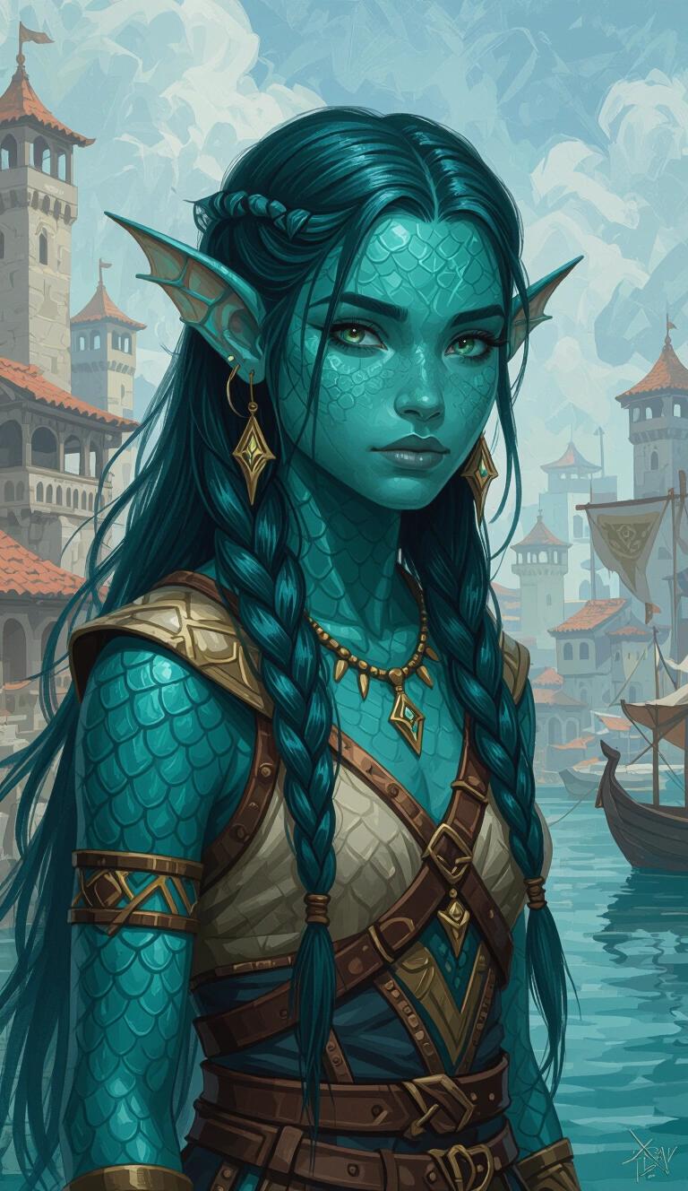 Candid young teen druidic fish-girl with sharp finned ears wearing Theros fantasy clothing. Her skin is fully teal with fish scales. The scene depicts a brutal Ancient Therosian fantasy port city. She has long slick-backed teal hair. The image is presented in an acrylic-painting style.