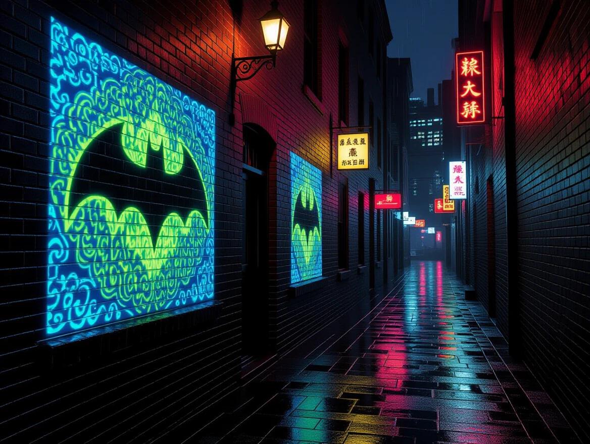 Moody nighttime city alley displaying glowing Batik motifs projected on damp brick walls. Black ink drips from windows and signage. Reflections in rain-soaked pavement. Cinematic neon accents and deep shadows present.