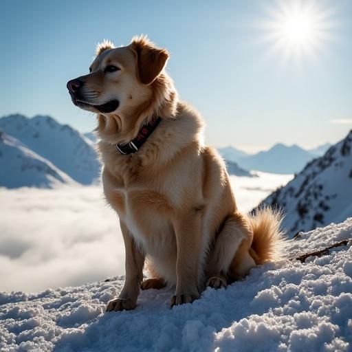 Golden Retriever sits proudly on snowy mountains above the clouds with a clear sky in the background.