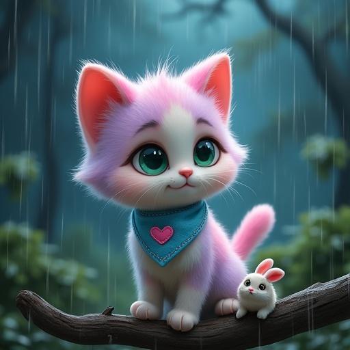 Fluffy anthropomorphic kitten with pastel pink and lavender fur and expressive green eyes wears a light blue bandana with a pink heart. It stands in the rain on a branch with a small frightened rabbit under a fallen branch.