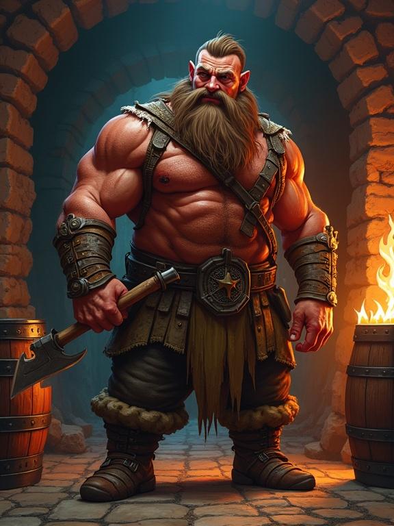 Detailed hand-painted style featuring a muscular dwarf with a beard holding an axe. The dwarf stands in a dimly lit tavern, surrounded by wooden barrels and flickering torches. Use vibrant colors like rusty reds and deep browns along with dynamic lighting from the fire. The image should have textured brush strokes on the dwarf's skin and clothing.